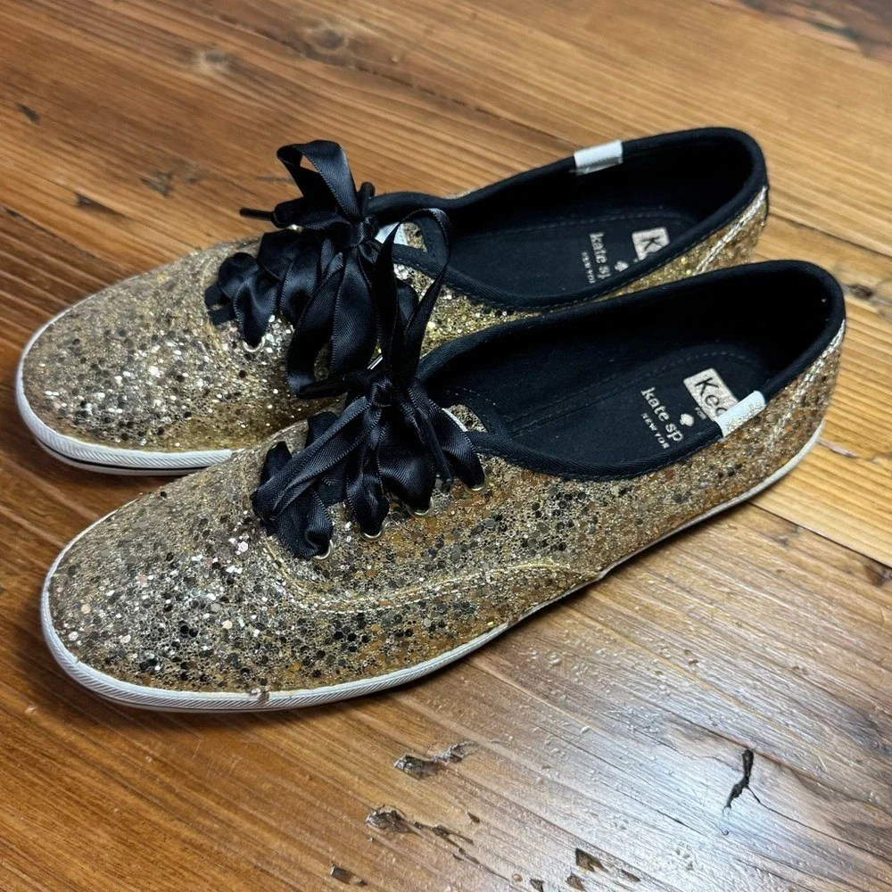 Keds X Kate Spade New York Women Gold Glitter Lace-Up Sneakers Black Lace Size 8